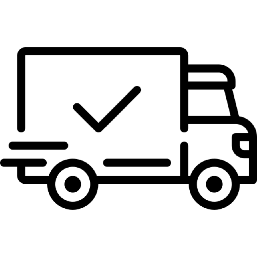 Icon of a delivery truck with a check mark on a white background